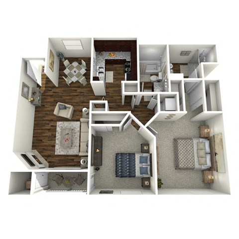 Floor plan for 2 beds, 2 baths, 870 sqft